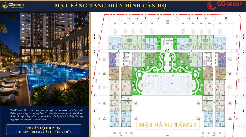 Mặt bằng tầng điển hình nhà ở xã hội Trương Hán Siêu (CG Complex): 8 loại căn hộ 1–3 phòng ngủ bố trí quanh sân vườn, hồ bơi